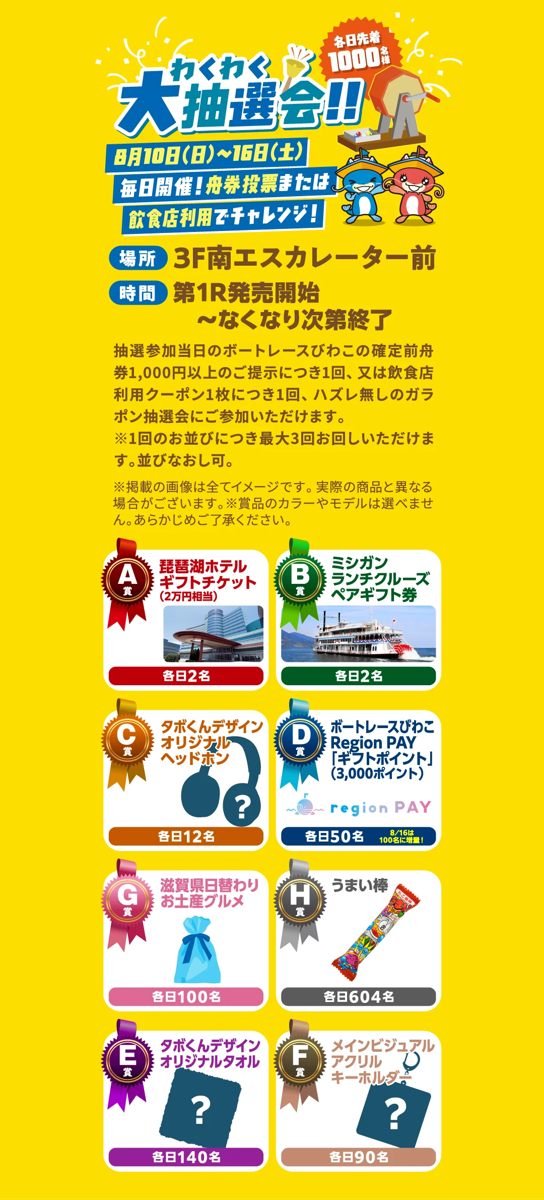 【わくわく大抽選会!!各日先着1000名様】8月10日(日)~16日(土)毎日開催!舟券投票または飲食店利用でチャレンジ!(場所:3F南エスカレーター前/時間:第1R発売開始〜なくなり次第終了)